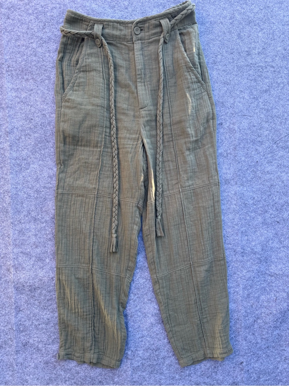 Joie Olive-Green Wide Leg Cotton Blend Pants with Braided Drawcord